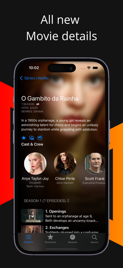Streeme IPTV app interface showing detailed movie information including cast and episodes