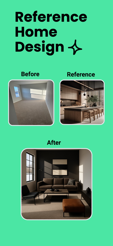 AI Home Design: Visura - Dimostrazione di un'app di design per la casa con IA che mostra una stanza prima e dopo la trasformazione utilizzando un'immagine di stile di riferimento