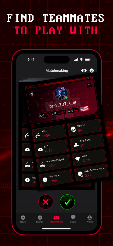 Interfaz de matchmaking de la Aplicación Complementaria Off The Grid mostrando estadísticas del jugador y funciones de búsqueda de escuadrones.