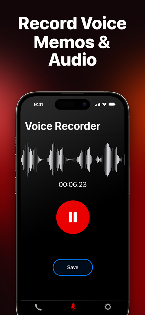 Interfaccia dell'iPhone per la funzione di registrazione memo vocale di RecMyCalls che mostra una forma d'onda audio attiva e un pulsante di pausa