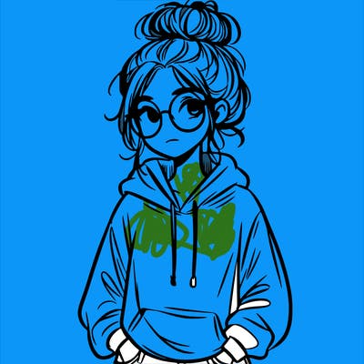 teen girl with a messy bun and glasses wearing a loose hoodie and jeans