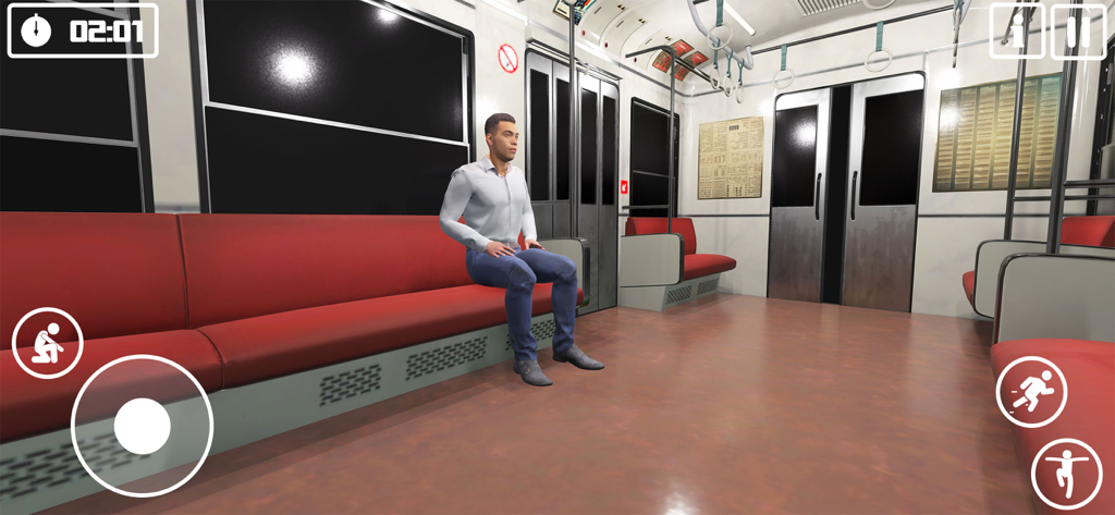 Platform Find Anomalies Game - Capture d'écran du gameplay de Platform Mystery montrant un homme assis dans une voiture de métro avec les commandes du jeu à l'écran.