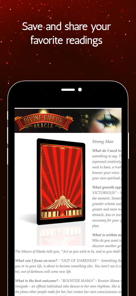 Divine Circus Oracle - Divine Circus Oracle app screen showing a saved card reading with spiritual guidance text