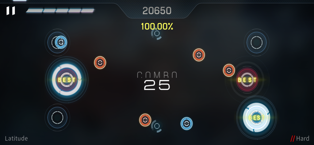 Malody V - Malody V rhythm game interface featuring circular notes with a perfect accuracy score and combo counter