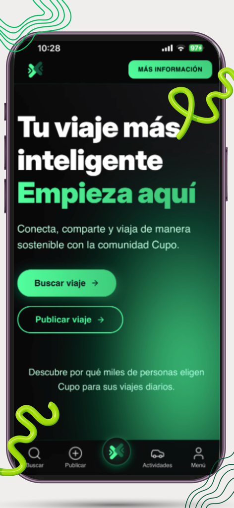 Pantalla principal de la aplicación de carpooling Cupo con opciones para compartir viajes