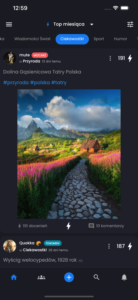 Hejto - Screenshot of a community post on the Hejto app showing a landscape photo of the Tatra Mountains in Poland