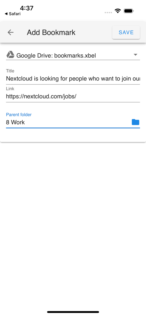 floccus - Interfaz de la aplicación Floccus Companion mostrando la pantalla para agregar un nuevo marcador con sincronización de Google Drive