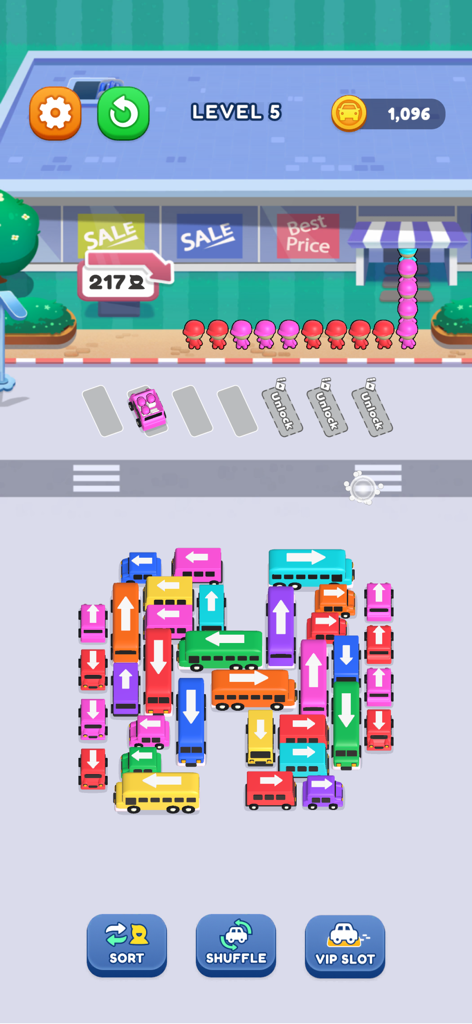 Captura de pantalla de la jugabilidad de Bus Jam Game Traffic Escape mostrando autobuses y pasajeros coloridos en un nivel de puzzle