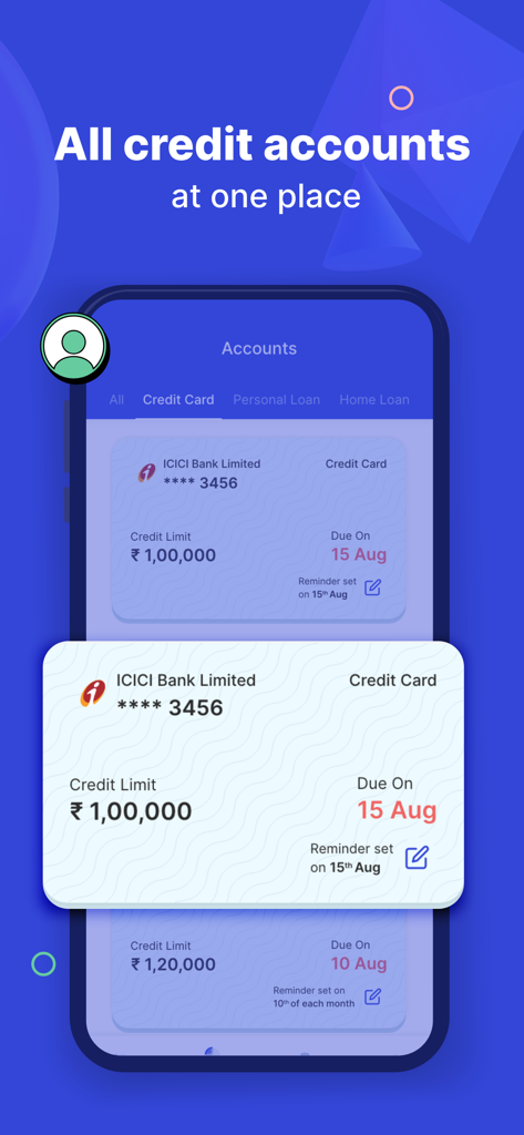 OneScore mobile app interface showing a summary of Indian credit card accounts and due dates.