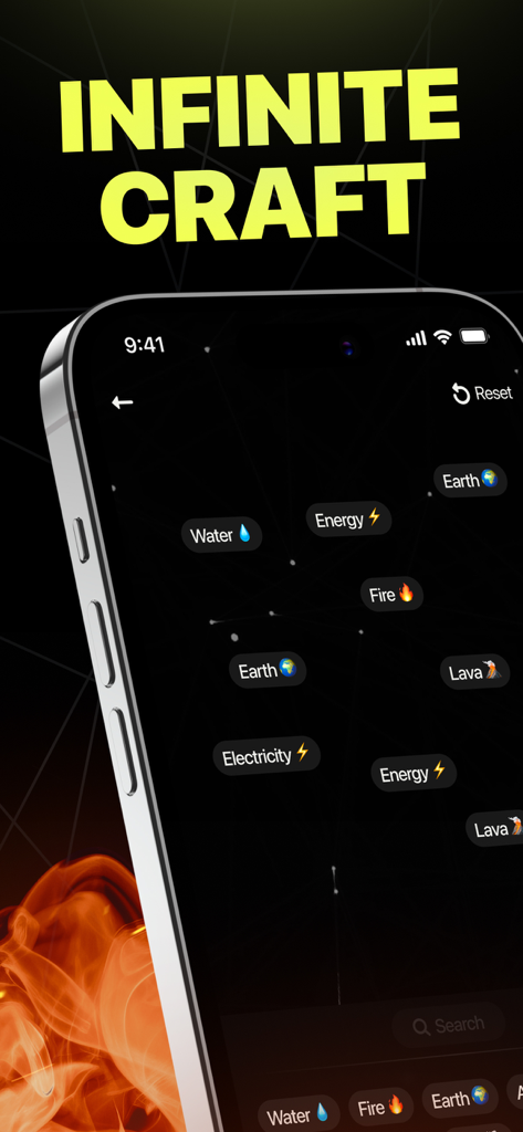 Infinite Elements - Craft Chem - A smartphone showing the Infinite Elements app interface with elemental icons like Water, Energy, and Fire on a dark background.