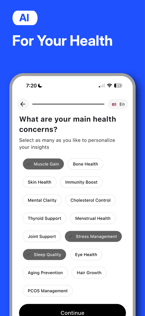 GROC AI - Interface of the GROC AI app showing a list of selectable health concerns like Muscle Gain and Stress Management to personalize nutritional insights.