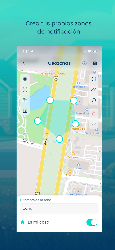 A mobile screen from the DigiRutas Family app showing a map interface for creating custom geofence notification zones for school transport tracking.