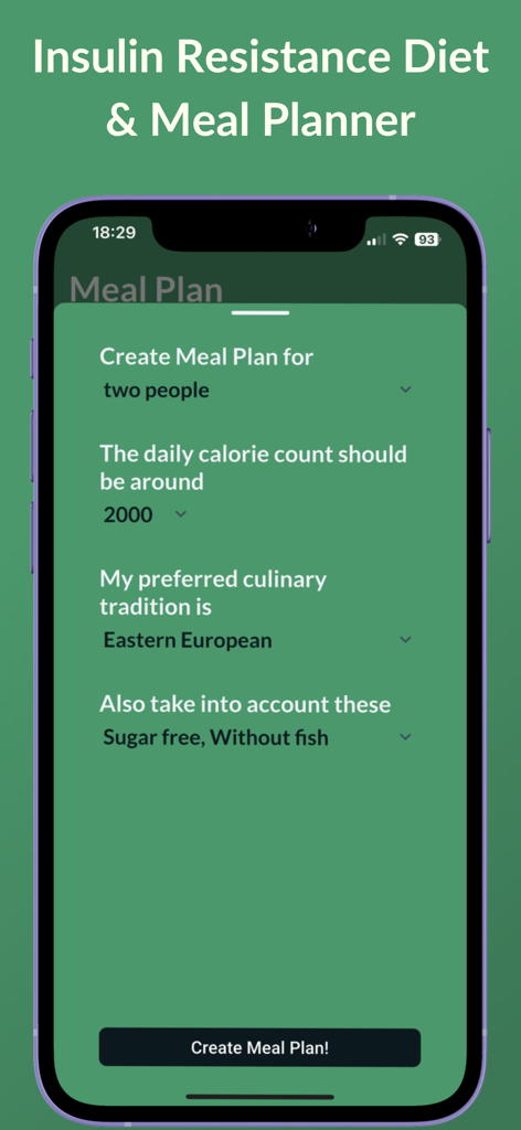 Glycemic Index Tracker LOGI - Interface of the Logi app showing customization options for an insulin resistance meal plan including calorie count and dietary preferences