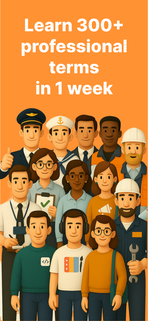 A diverse group of cartoon professionals representing various industries under text promoting learning 300 professional terms in one week.