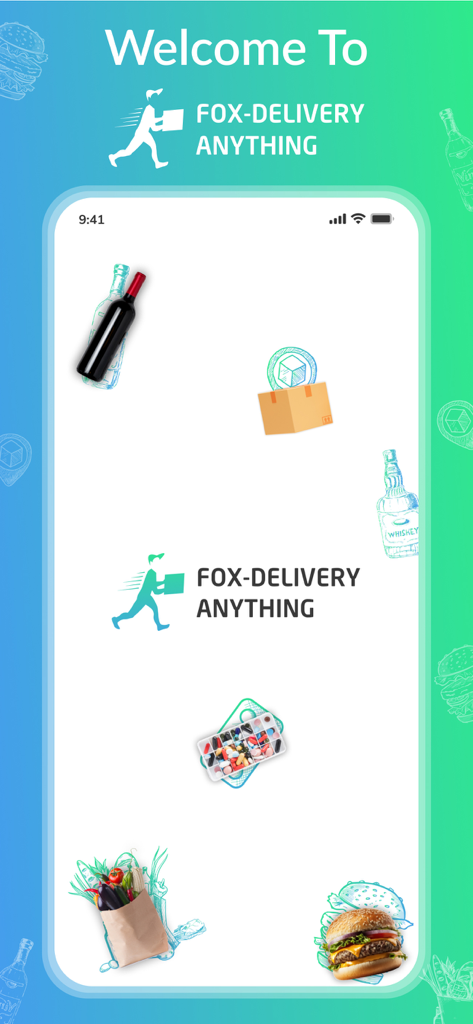 Fox-Delivery Anythingアプリのウェルカムスクリーン。フード、食料品、薬、荷物の配送オプションを紹介しています。