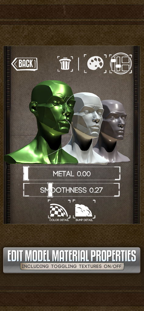 Handy Art Reference Tool - Interface to edit 3D model material properties including metalness and smoothness in the Handy app