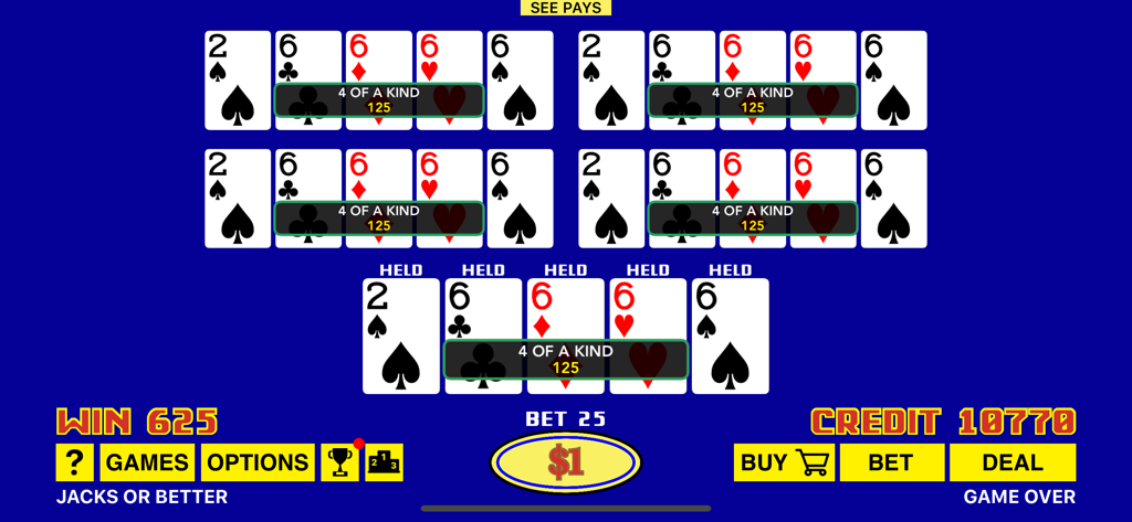 Una pantalla de juego de video poker multimano mostrando victorias de póker en Jacks or Better