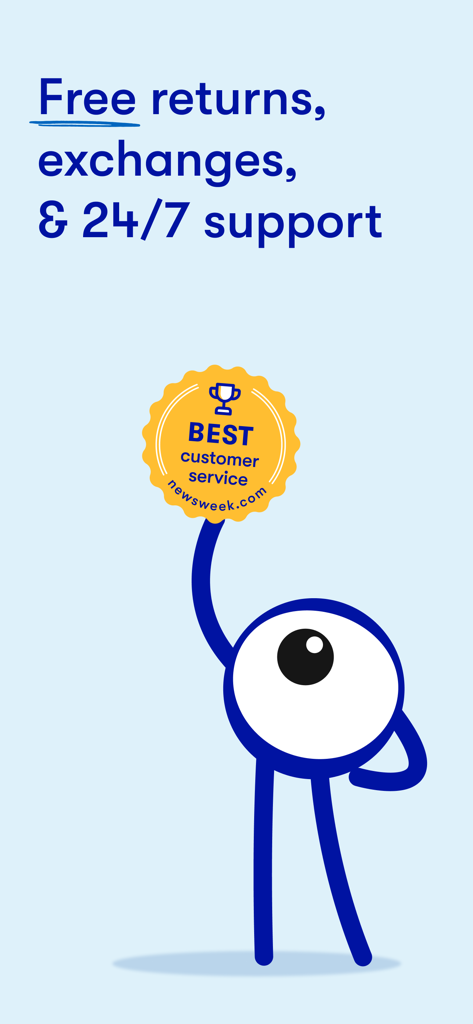 La mascotte a forma di occhio di 1-800 Contacts tiene un distintivo del premio Miglior Servizio Clienti di Newsweek con testo per resi e supporto gratuiti.