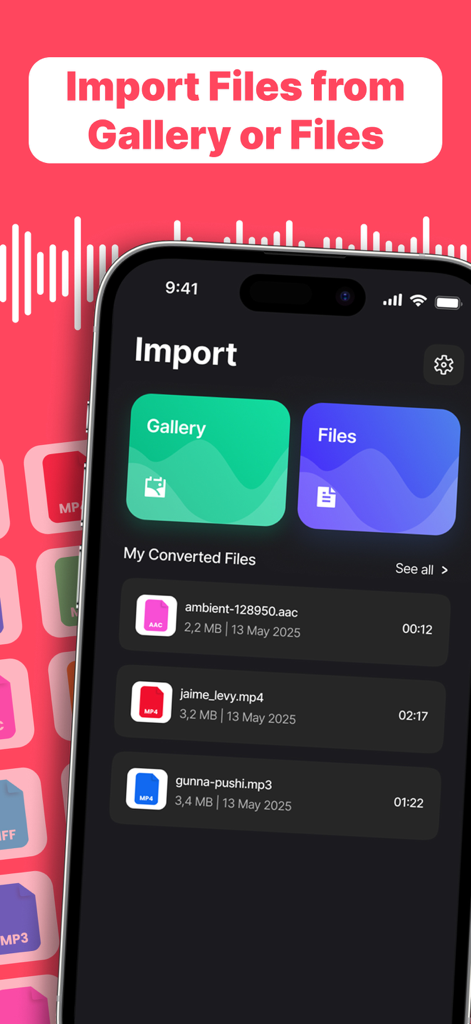 Écran de l'application montrant les options d'importation de médias depuis la galerie ou les fichiers et une liste de fichiers audio récemment convertis.