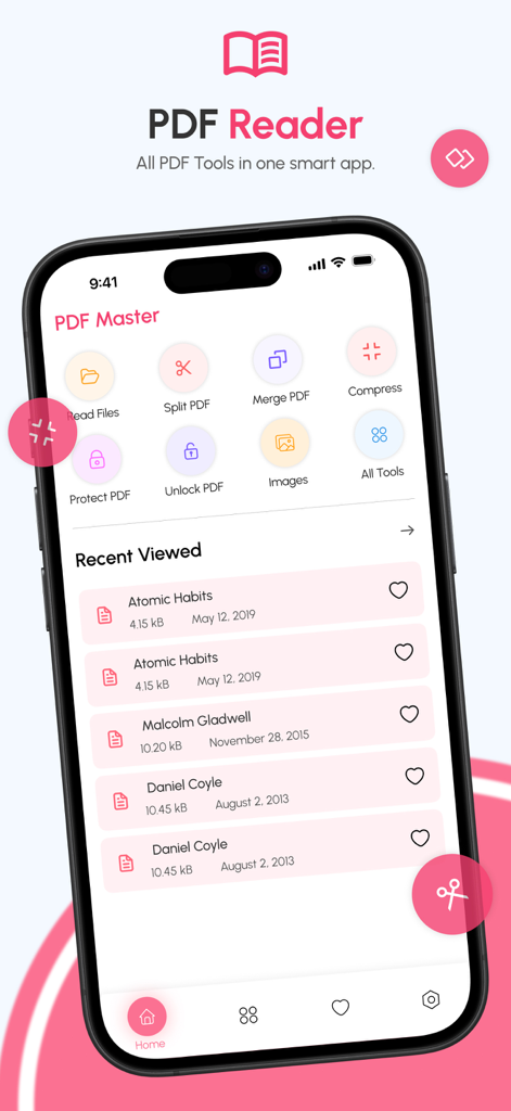 PDF Reader - AI PDF Tools - PDFリーダーAIツールのモバイルアプリダッシュボード。ファイル管理オプション（分割、結合、圧縮など）が表示されています。