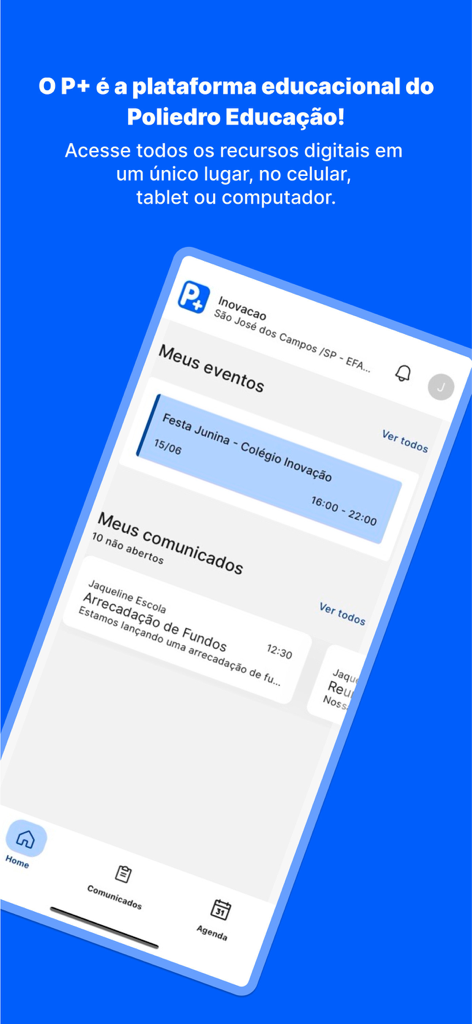 P+ - Painel do aplicativo P plus education exibindo eventos escolares e comunicados para pais e alunos