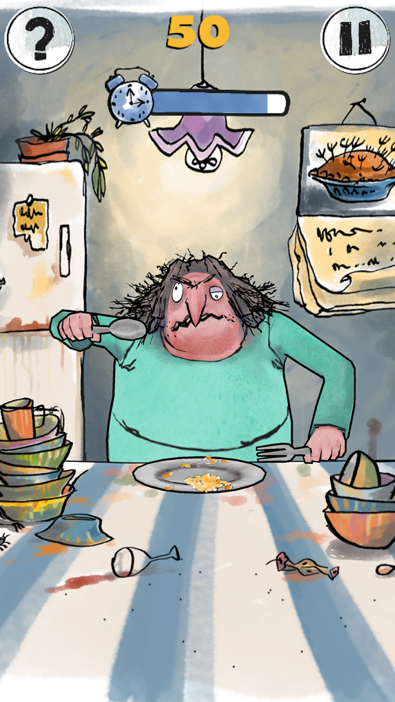 Roald Dahl's House of Twits - Mrs Twit sitting at a messy kitchen table in Roald Dahls House of Twits mobile game