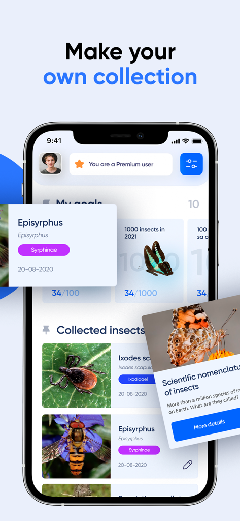 Bug Identifier: AI Insect id - Interface of the Bug Identifier app showing a user collection of identified insects and progress goals