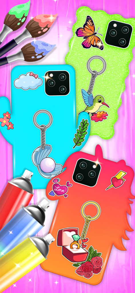Phone Case DIY: Tie Dye Game - Three colorful customized phone cases with stickers and keychains next to paintbrushes and spray cans