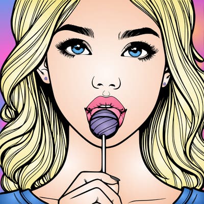 a realistic girl with a lollipop in her mouth