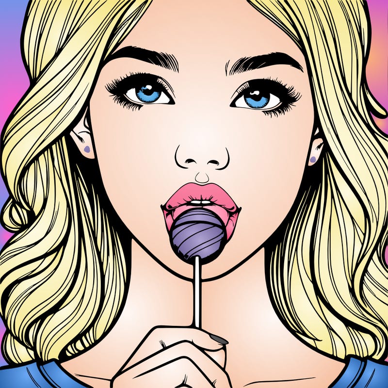 a realistic girl with a lollipop in her mouth