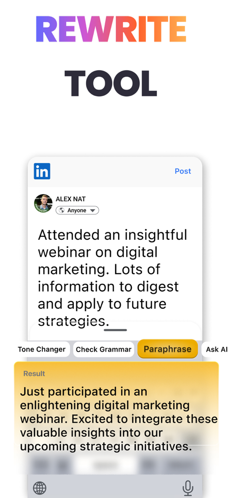 AI Keyboard: KeyAI - Una captura de pantalla del teclado KeyAI reescribiendo una publicación de LinkedIn usando la función de parafraseo para crear un mensaje más profesional