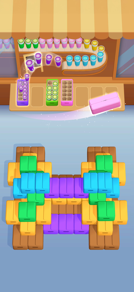 Coffee Craze - Gameplay of Coffee Craze showing players sorting colorful blocks to fulfill cafe orders