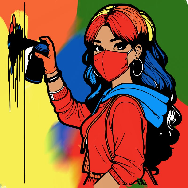 realistic girl with mask spray painting a wall