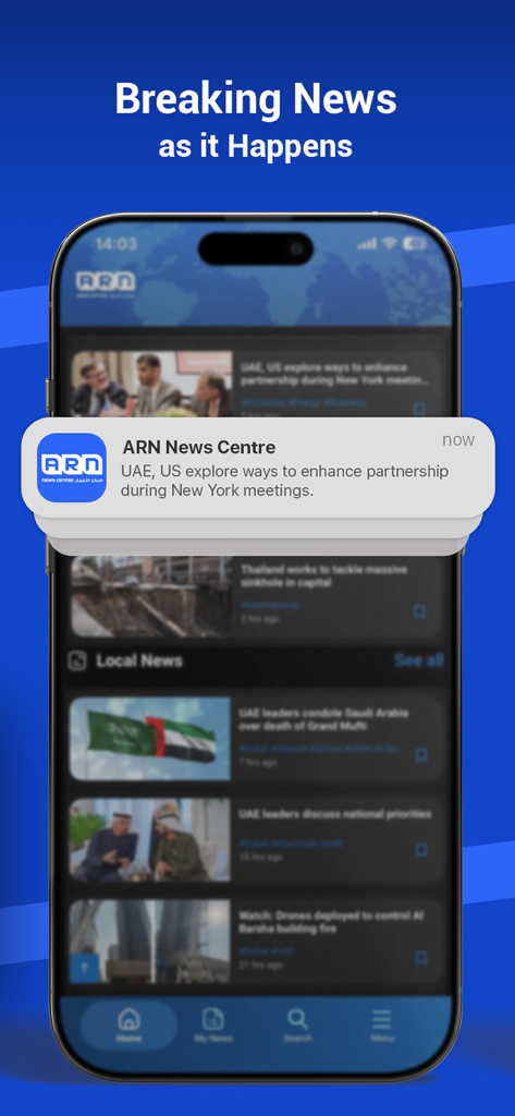 ARN News Centre - Mobile phone displaying a breaking news notification from the ARN News Centre app about UAE and US relations.