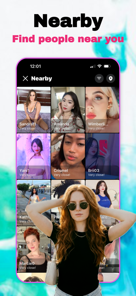 Video Chat, Go Live - Minglify - Minglify App-Oberfläche zeigt Benutzerprofile in der Nähe für soziale Entdeckung