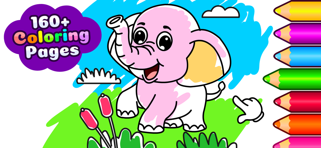 Kids Drawing & Coloring Game - Un tout-petit colorie un éléphant rose dans l'interface de l'application Kids Drawing and Coloring Game, avec des crayons colorés et plus de 160 pages.