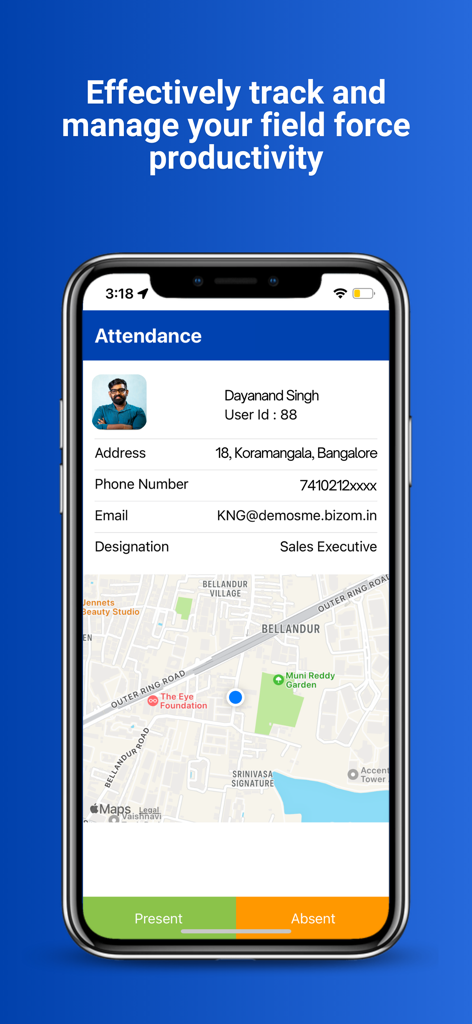 Bizom Next app attendance screen showing sales executive profile and real-time GPS location tracking on a map
