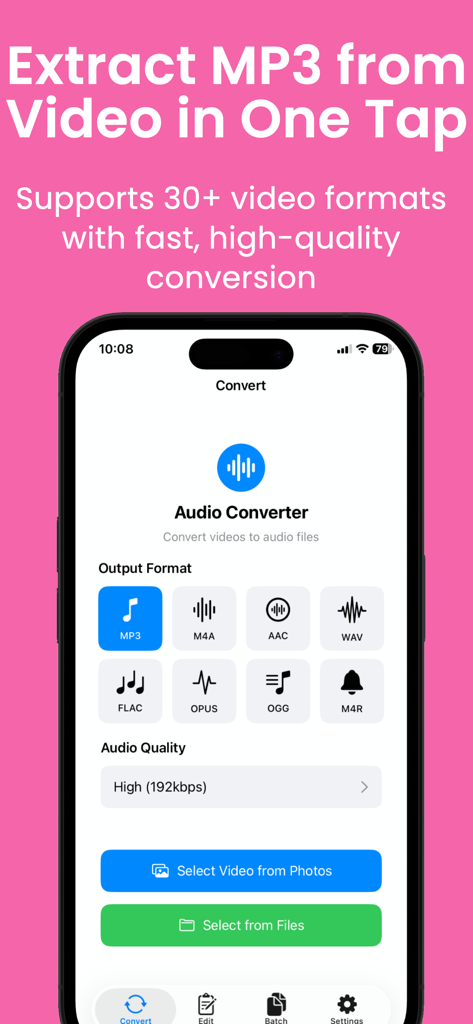 MP3 Converter-Ringtone Maker - Interface of the MP3 Converter app showing options to extract audio from videos into formats like MP3 and M4R
