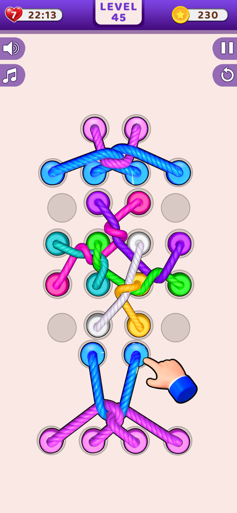 Twisted Tangle Rope: Knots 3D - A mobile game screen showing colorful 3D ropes tangled on a pegboard with a hand icon demonstrating how to untie knots.