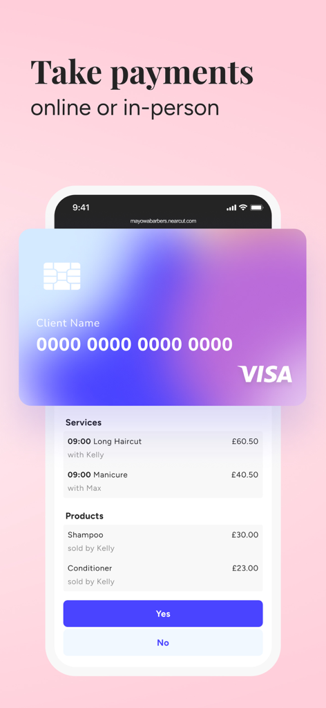 Book in Beautiful Business - Interface of a beauty business app for taking online or in-person payments for salon services.