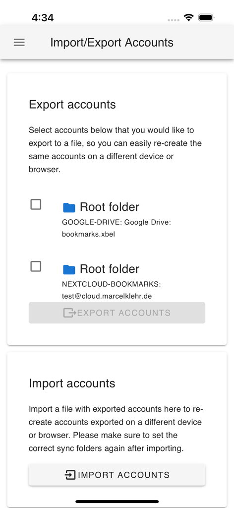 floccus - Interfaz de la aplicación Floccus Companion mostrando la pantalla de importación y exportación de cuentas para la sincronización de marcadores.