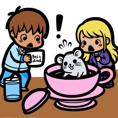 hamster in a teacup and somebody is about to drink it but is surprised