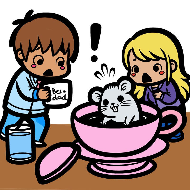 hamster in a teacup and somebody is about to drink it but is surprised