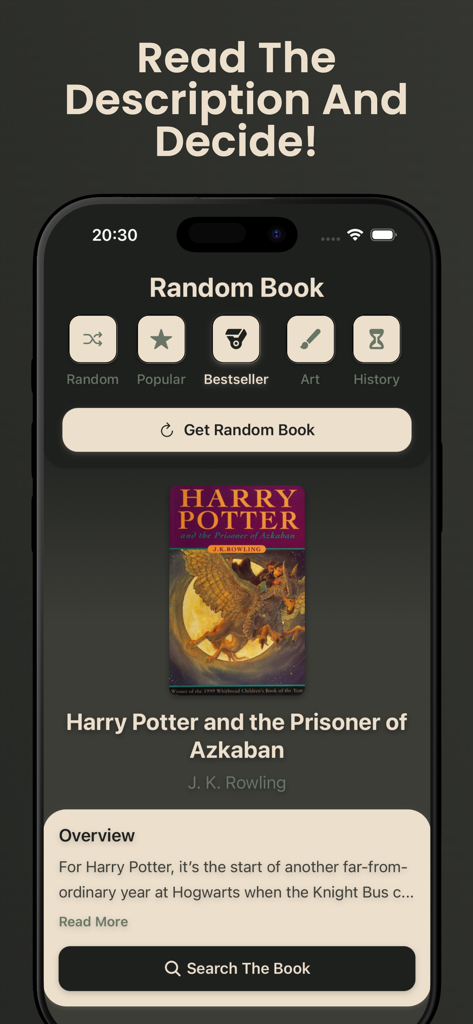 Random Book: Book Picker - Interfaz de la aplicación móvil mostrando una recomendación de libro bestseller para Harry Potter.