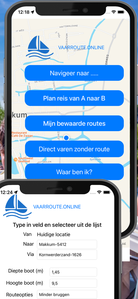 Main menu and route planning screens of the vaarroute.online water navigation app