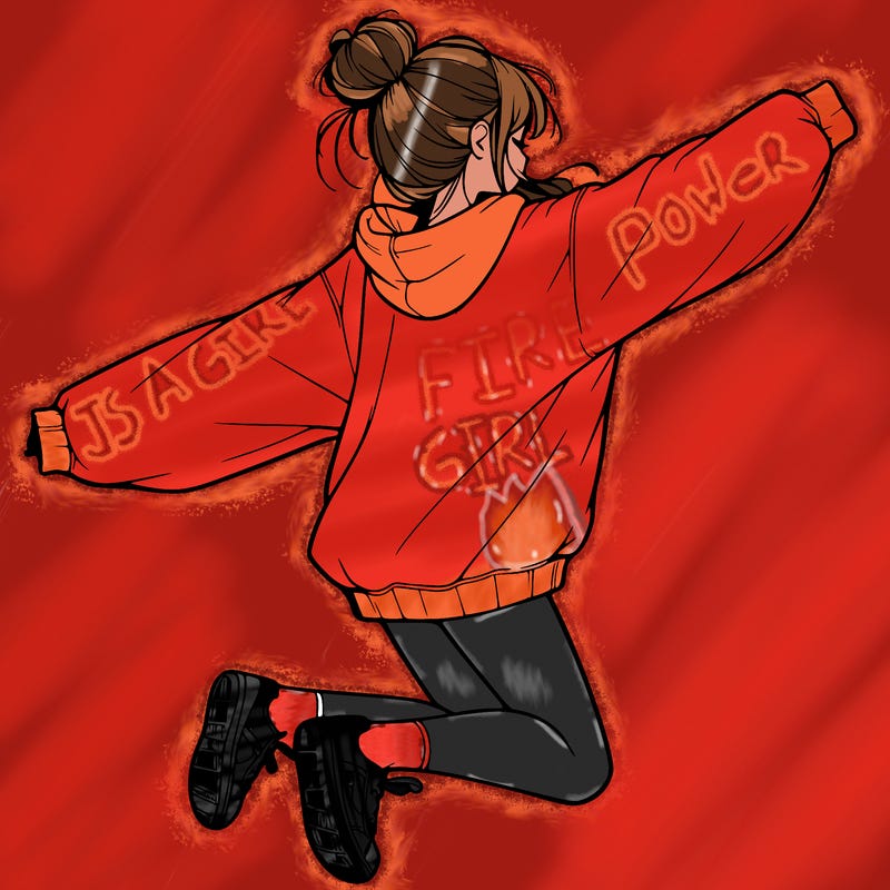 realistic girl jumping with a bun and oversized sweatshirt