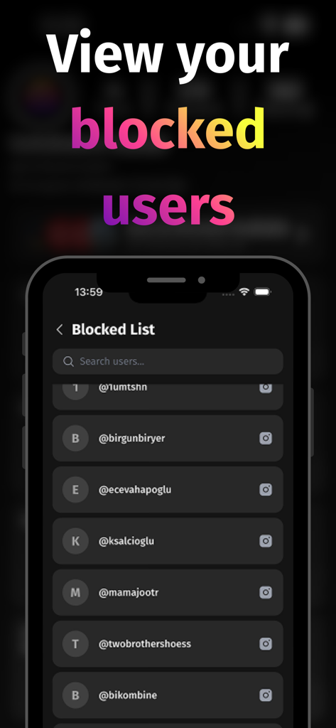 Smartphone screen showing the blocked users list feature in the Followers Tracker app