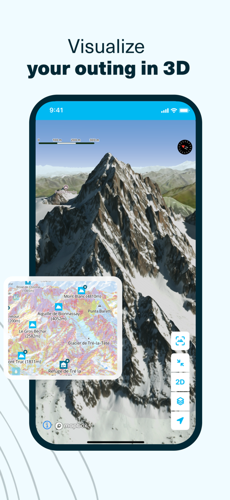 Whympr | Ski, Hike, Climb - Whympr app interface displaying a 3D mountain landscape and topographic map for outdoor planning