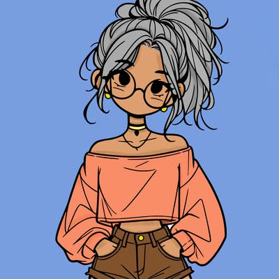 girl with a messy ponytail glasses a baggy crop top and jean shorts