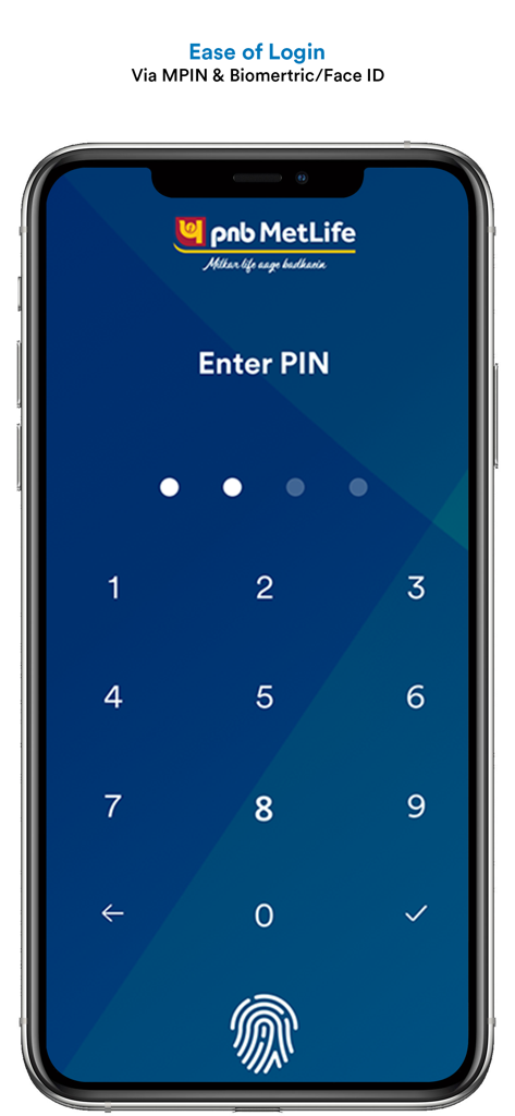 khUshi - Secure login screen of the khUshi app by PNB MetLife showing MPIN entry and biometric authentication options